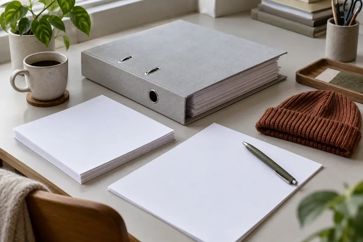 Blank binders and papers on a desk for document review