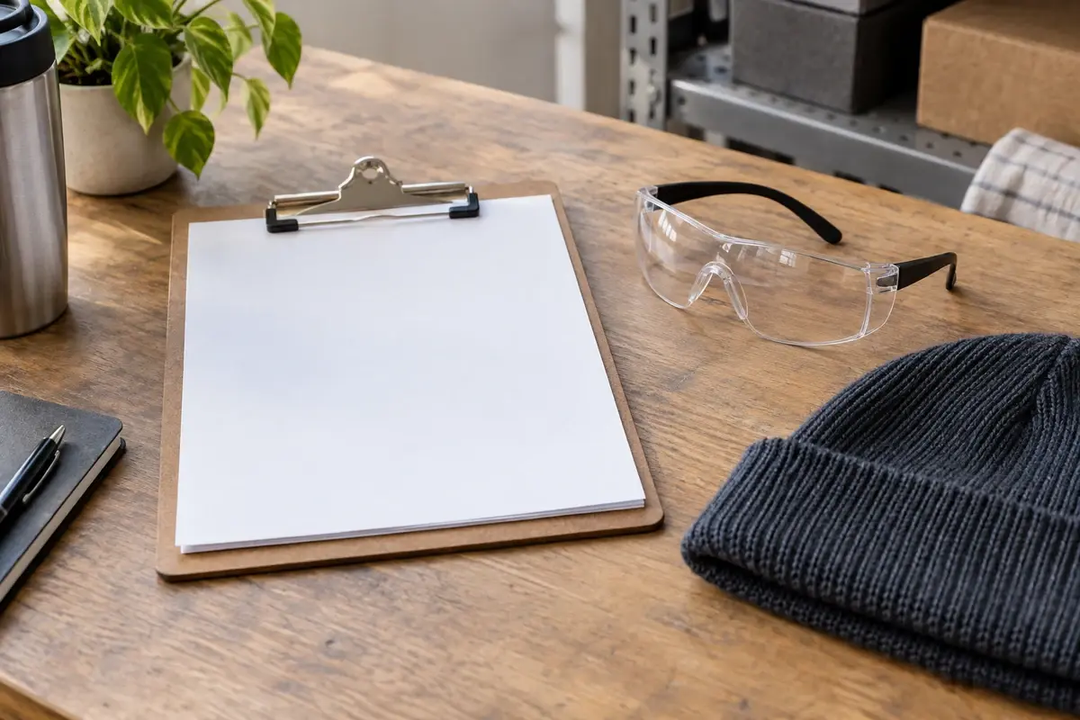 Blank clipboard, safety glasses and knit beanie on a worktable