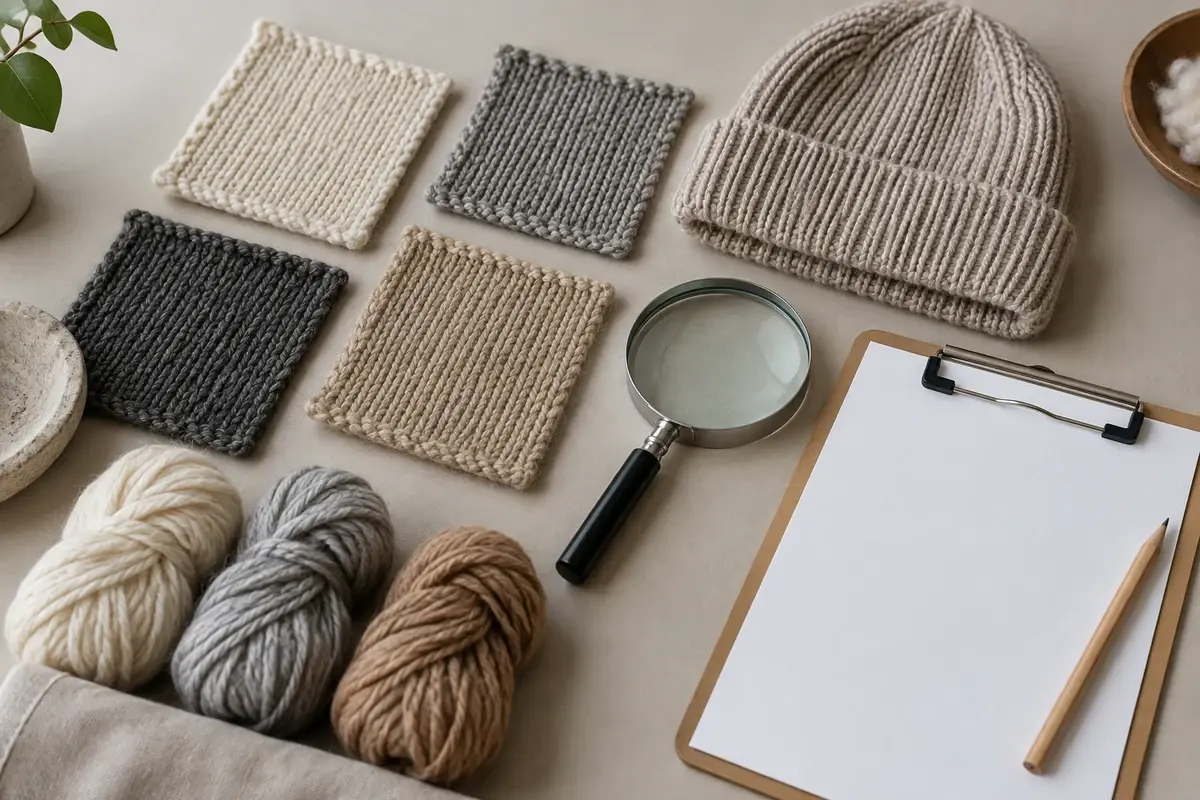 Yarn swatches and knit beanie beside a blank review sheet