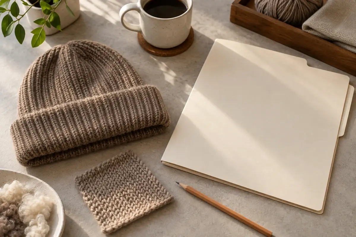 Knit beanie, yarn swatch and blank folder on a desk