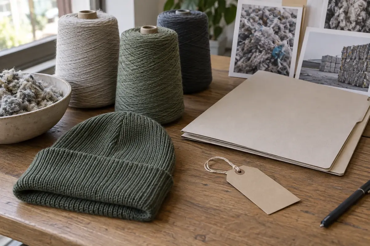 Knit beanie, yarn cones and an unprinted folder