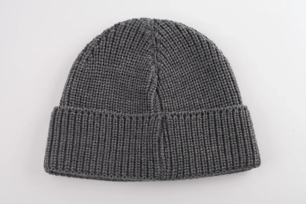 Gray rib-knit beanie with a folded cuff, shown from the front