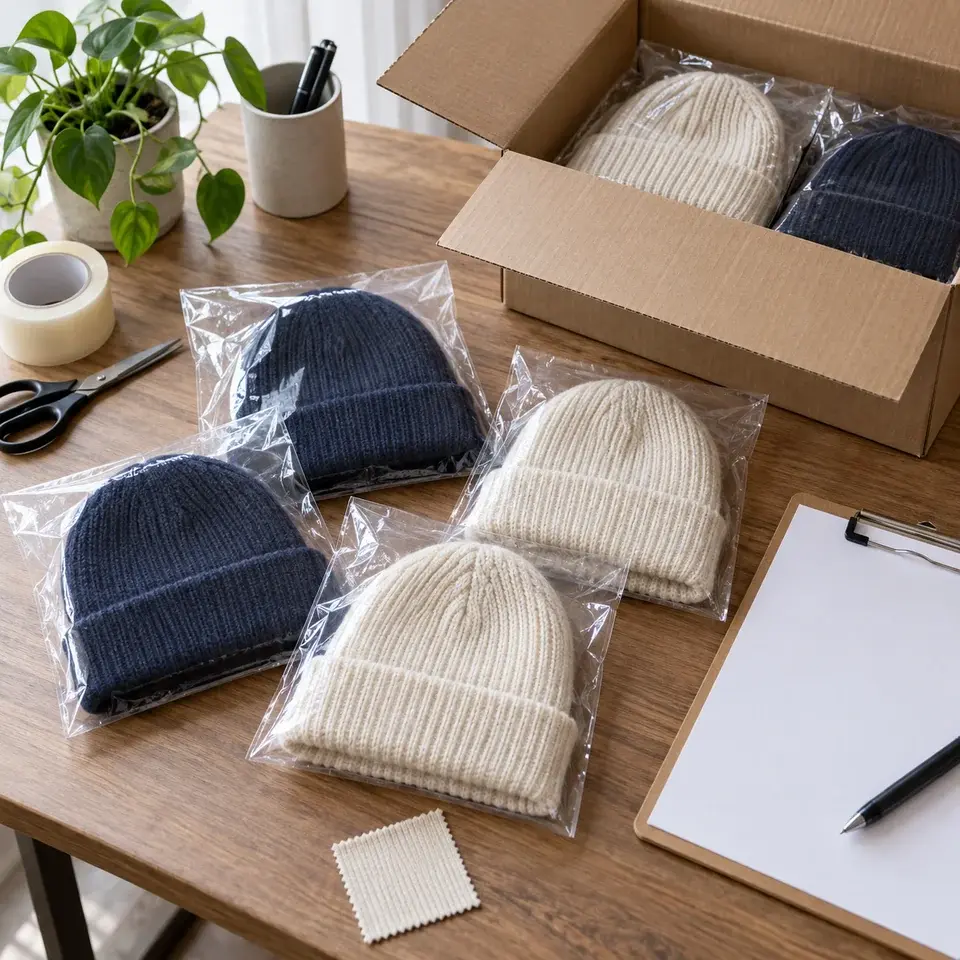 Bagged knit beanies beside an open carton and blank order checklist