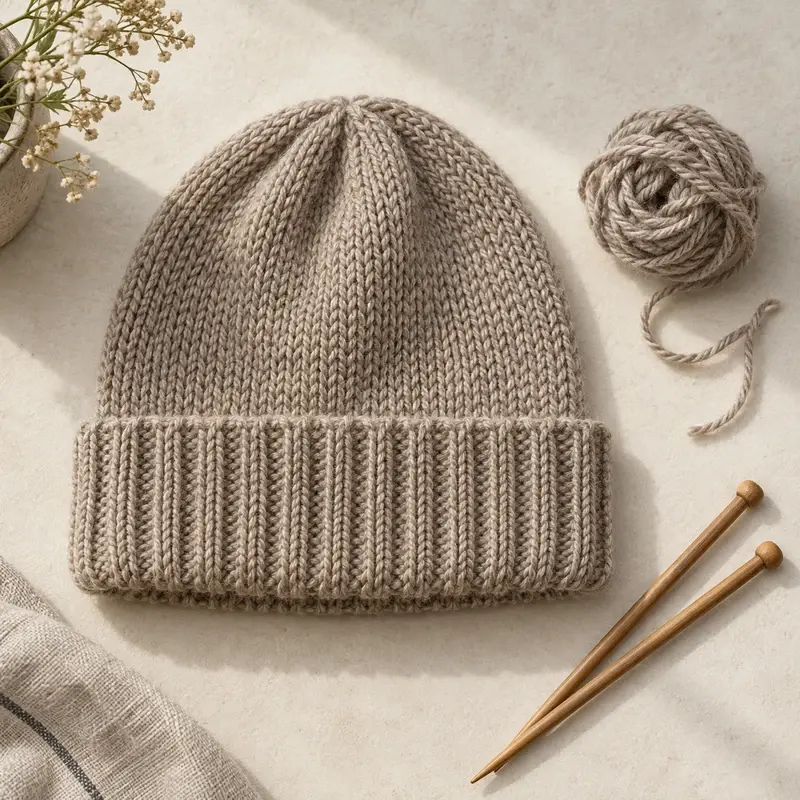 Knitted beanie sample with a small ball of matching yarn on a neutral table