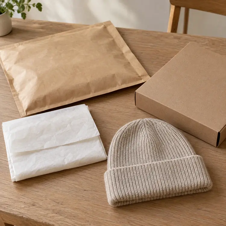 Plain paper packaging materials beside a knit beanie