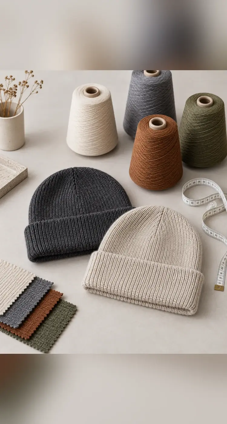 Two knit beanie samples, yarn cones and a measuring tape