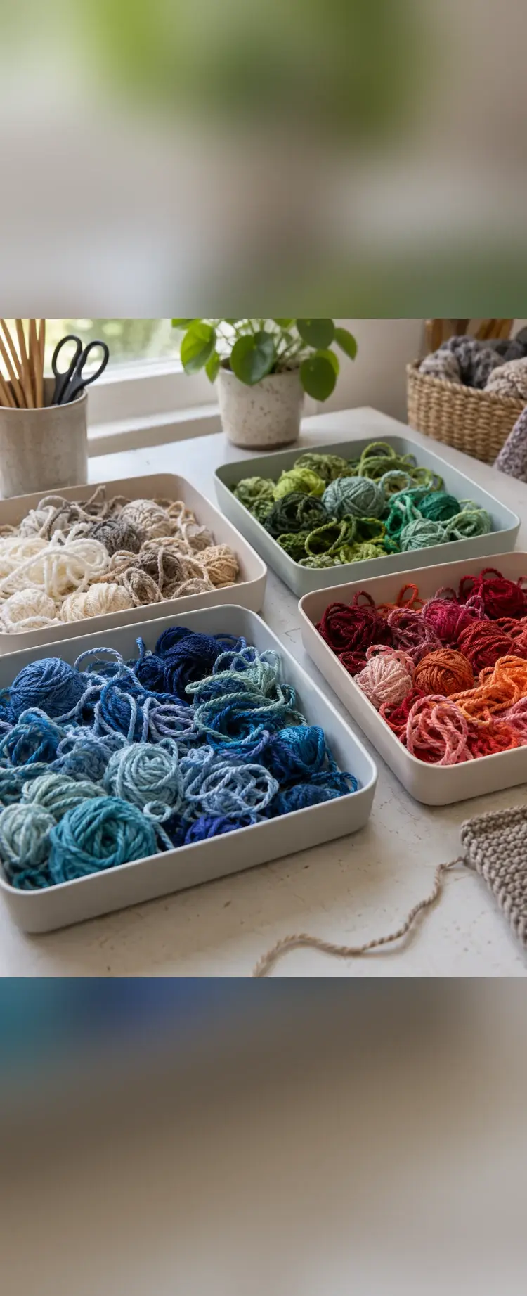 Leftover yarn sorted by color in shallow trays
