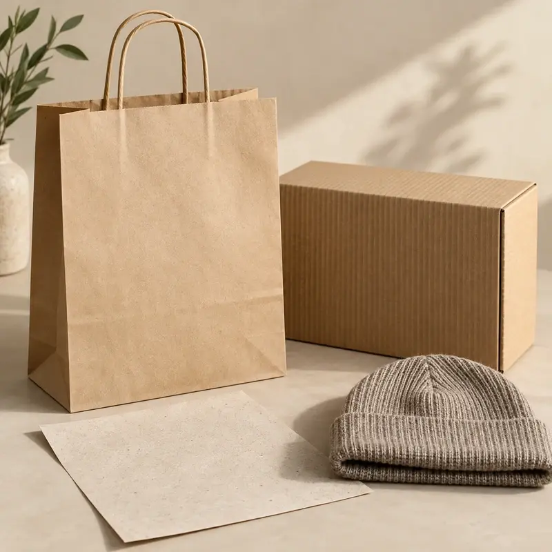 Plain kraft paper bag and cardboard box beside a knit beanie