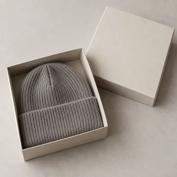 Plain paper box holding a folded knit beanie