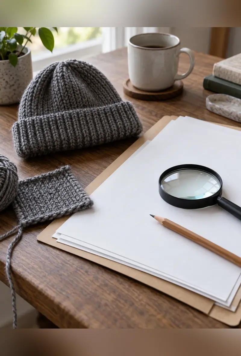 Knit beanie and yarn swatch beside blank review documents