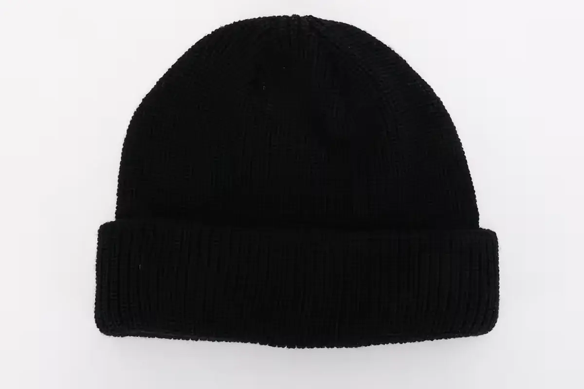 Black rib-knit beanie with a folded cuff.