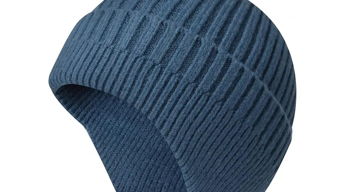Dark blue knit beanie shown from the side.