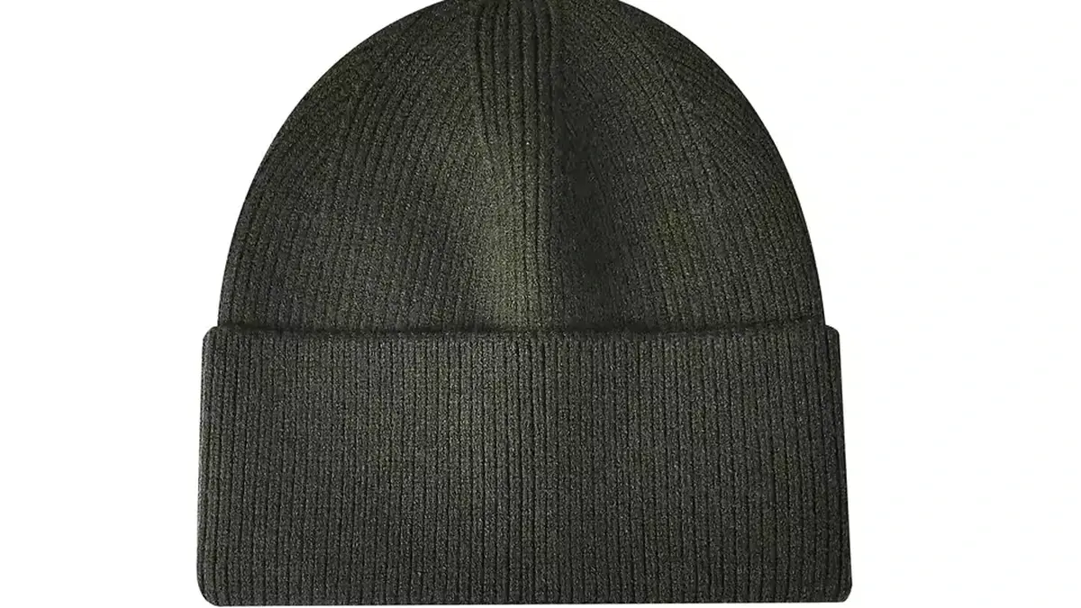 Black rib-knit beanie with a folded cuff.