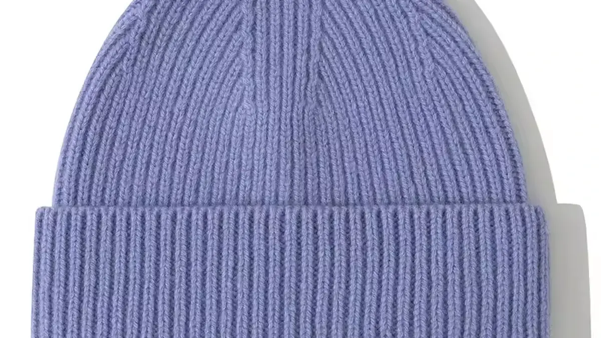 Lavender rib-knit beanie with a folded cuff.