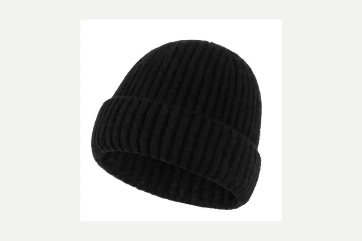Black rib-knit beanie with a folded cuff.