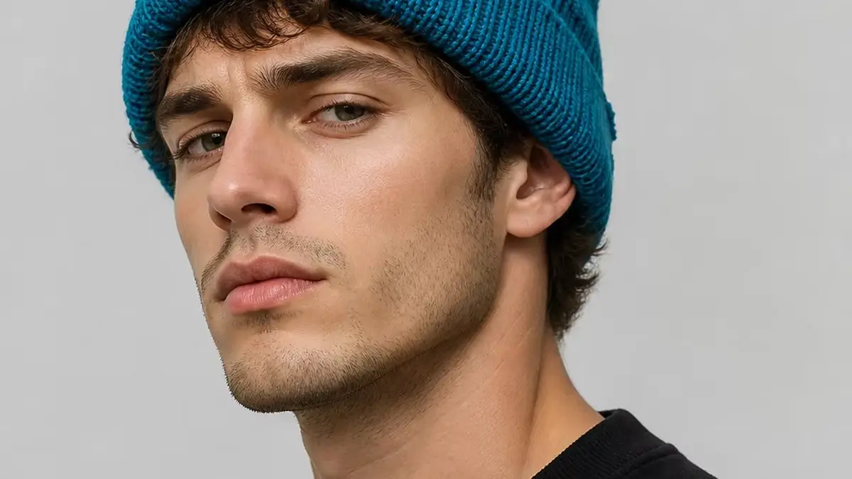 Person wearing a blue knit beanie.