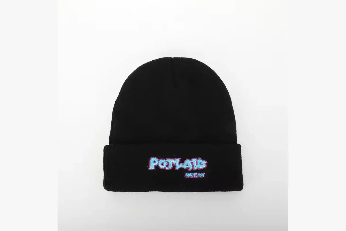 Black cuffed beanie with embroidery centered on the visible front cuff