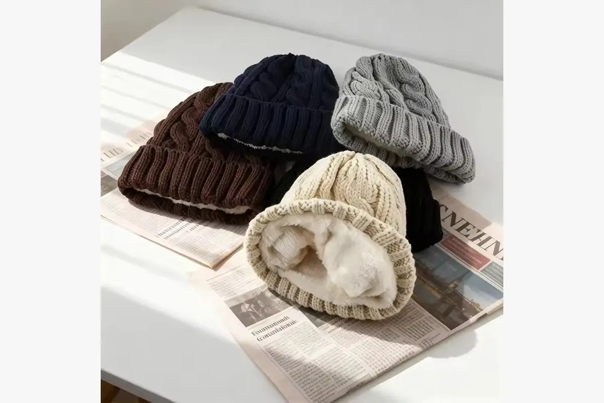 Chunky knit beanies with different cable textures and a visible fleece lining