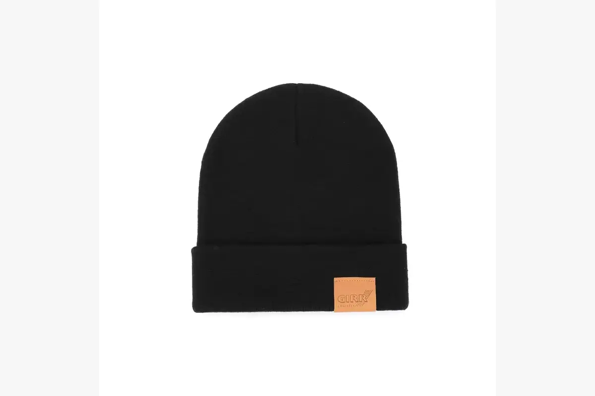 Black cuffed beanie with a plain tan patch on the front cuff