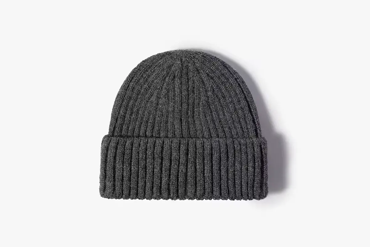 Short charcoal rib-knit fisherman beanie with a folded cuff, front view