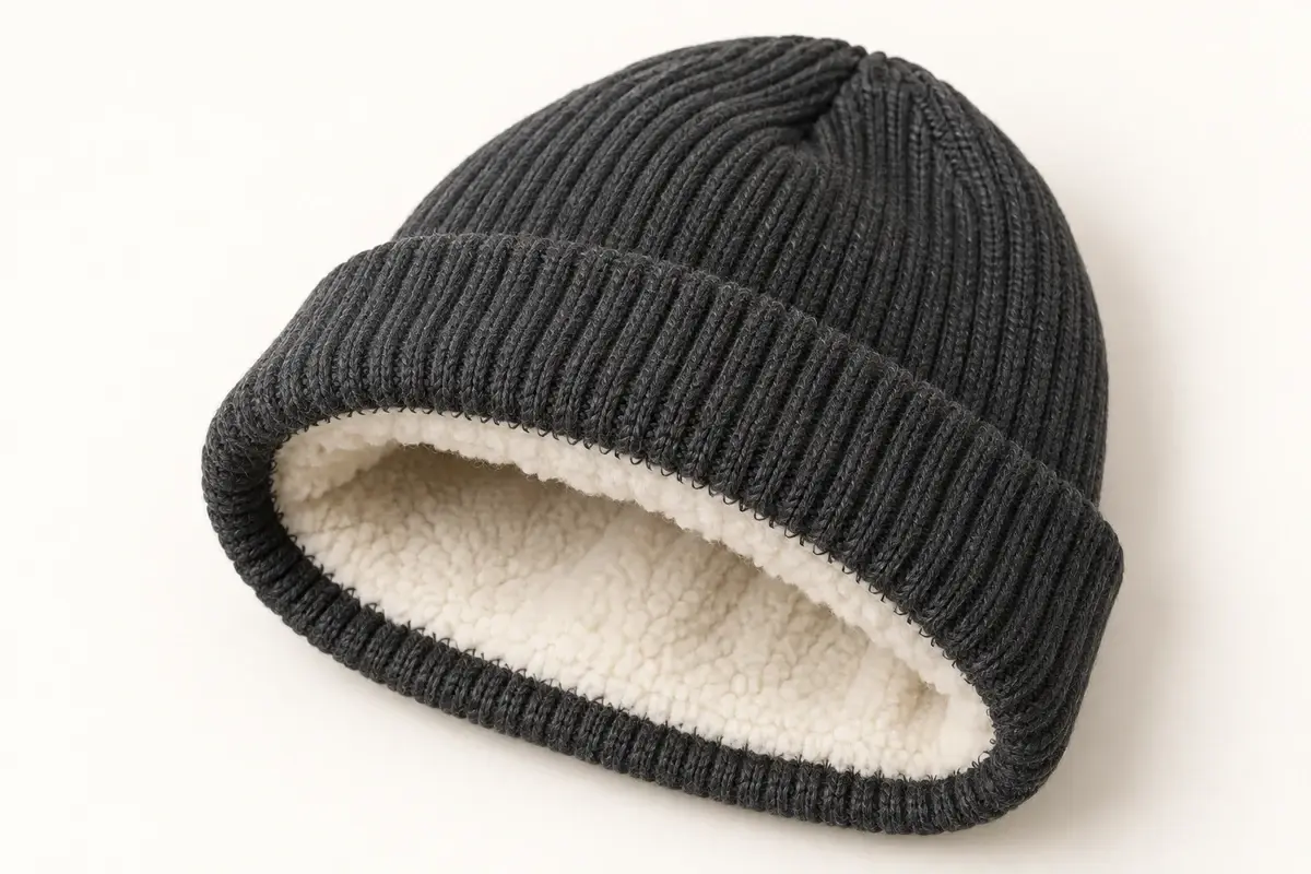 Illustrative view of a charcoal knit beanie with an ivory fleece lining visible inside