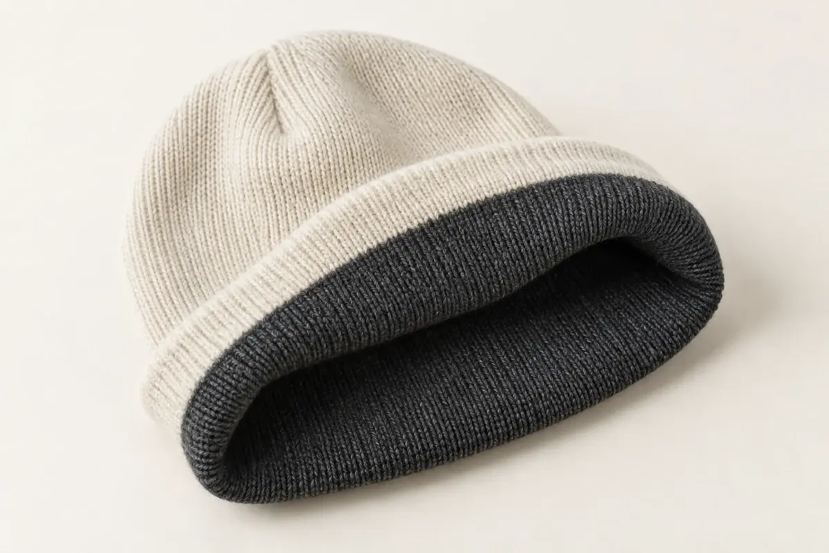 Illustrative view of a cream knit beanie with a charcoal knitted inner layer at the opening