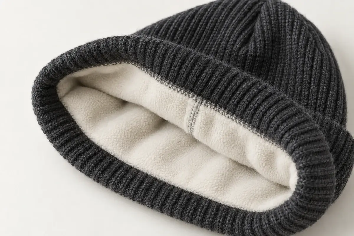 Illustrative close view of fleece lining and the joining seam inside a charcoal knit beanie