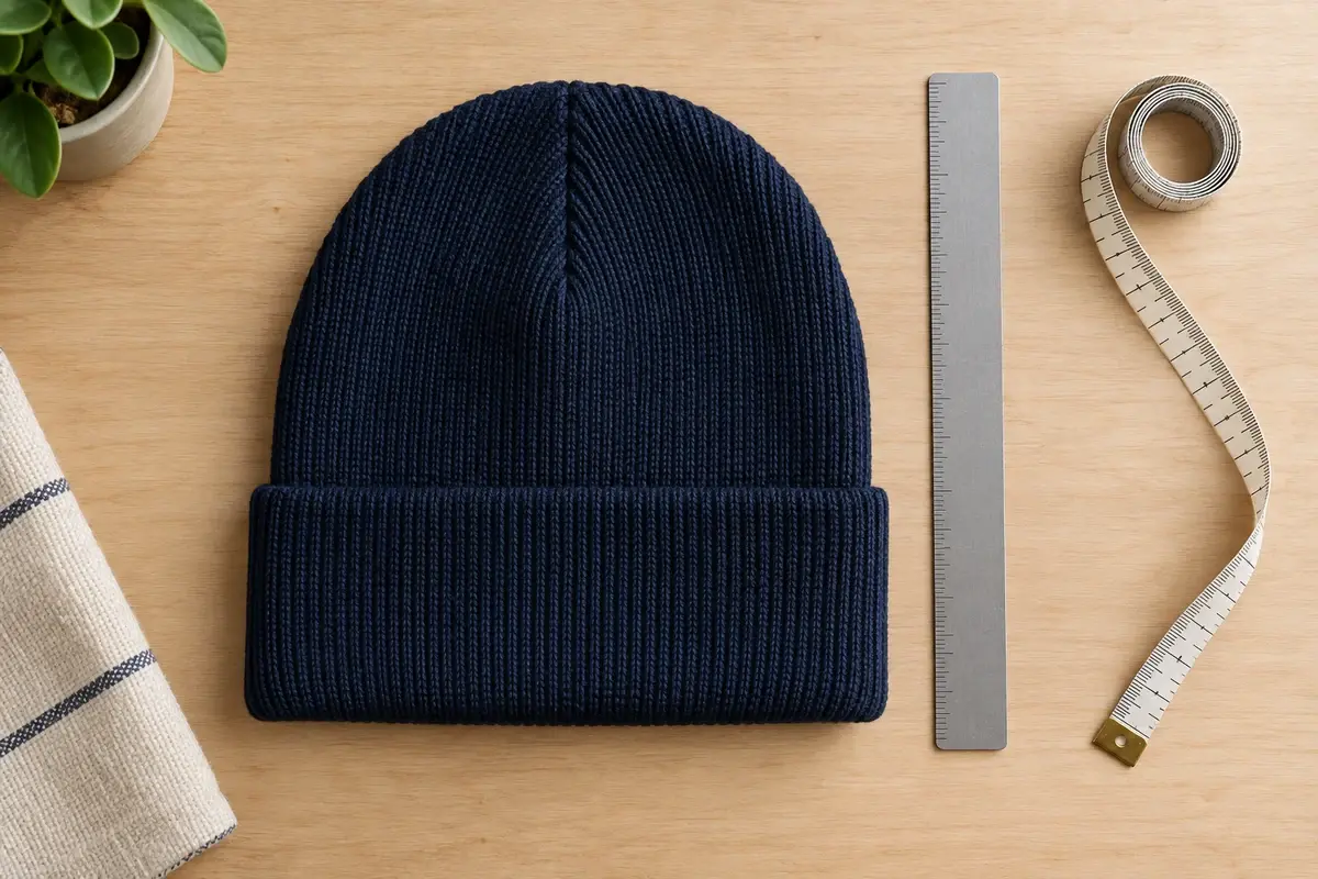Illustrative overhead view of a relaxed navy cuffed beanie beside measuring tools