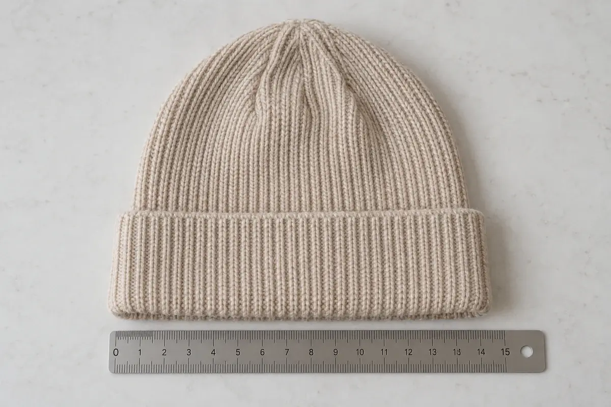 Illustrative view of a flat cream beanie with a ruler below its relaxed opening