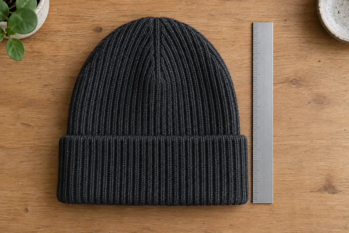 Illustrative view of a charcoal beanie with a ruler beside its folded cuff