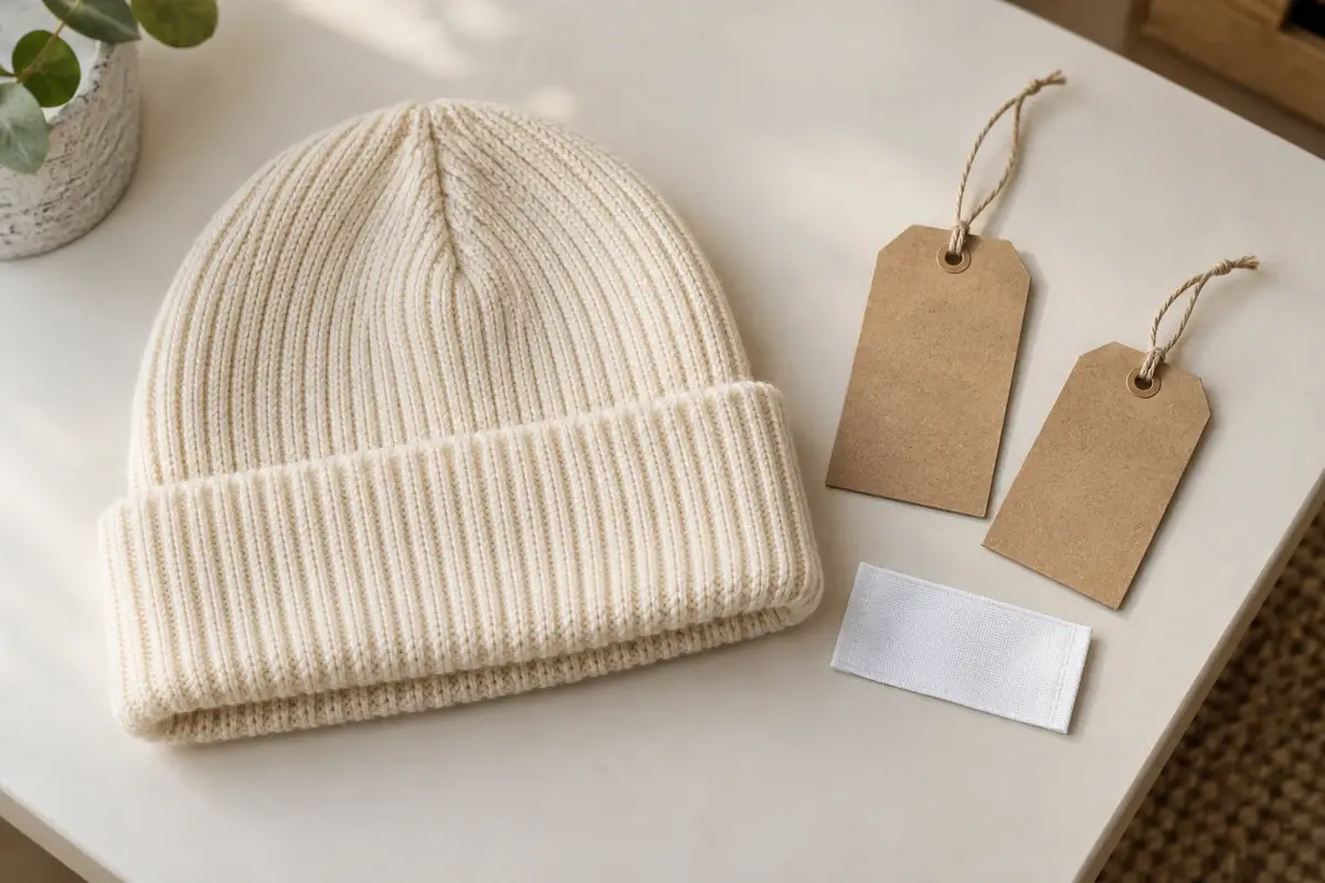 Illustrative cream beanie beside blank hangtags and an unprinted fabric label