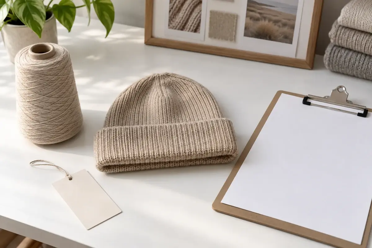 Illustrative beanie sample beside an unmarked yarn cone, blank sheet and blank hangtag