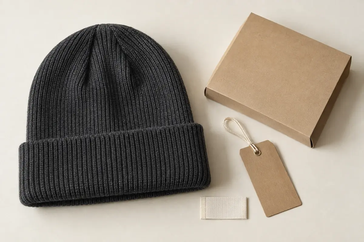 Illustrative charcoal beanie with blank woven label, hangtag and kraft box