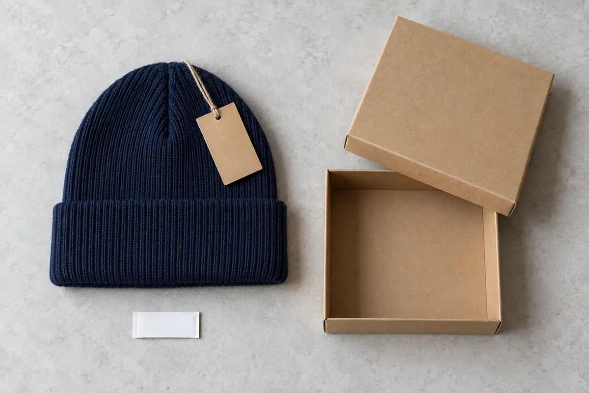 Illustrative navy beanie with a blank hangtag, label swatch and open kraft box