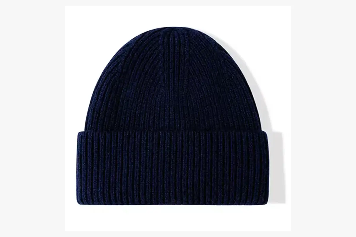 Plain navy rib-knit beanie with a folded cuff