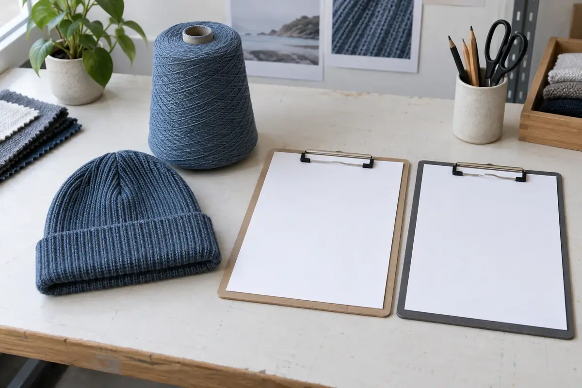 Illustrative blue beanie and yarn cone beside two blank document sheets