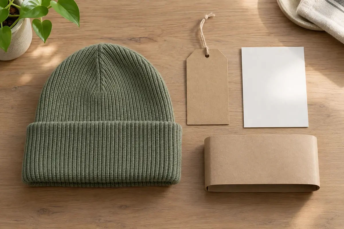 Illustrative sage beanie beside a blank hangtag, information card and paper sleeve