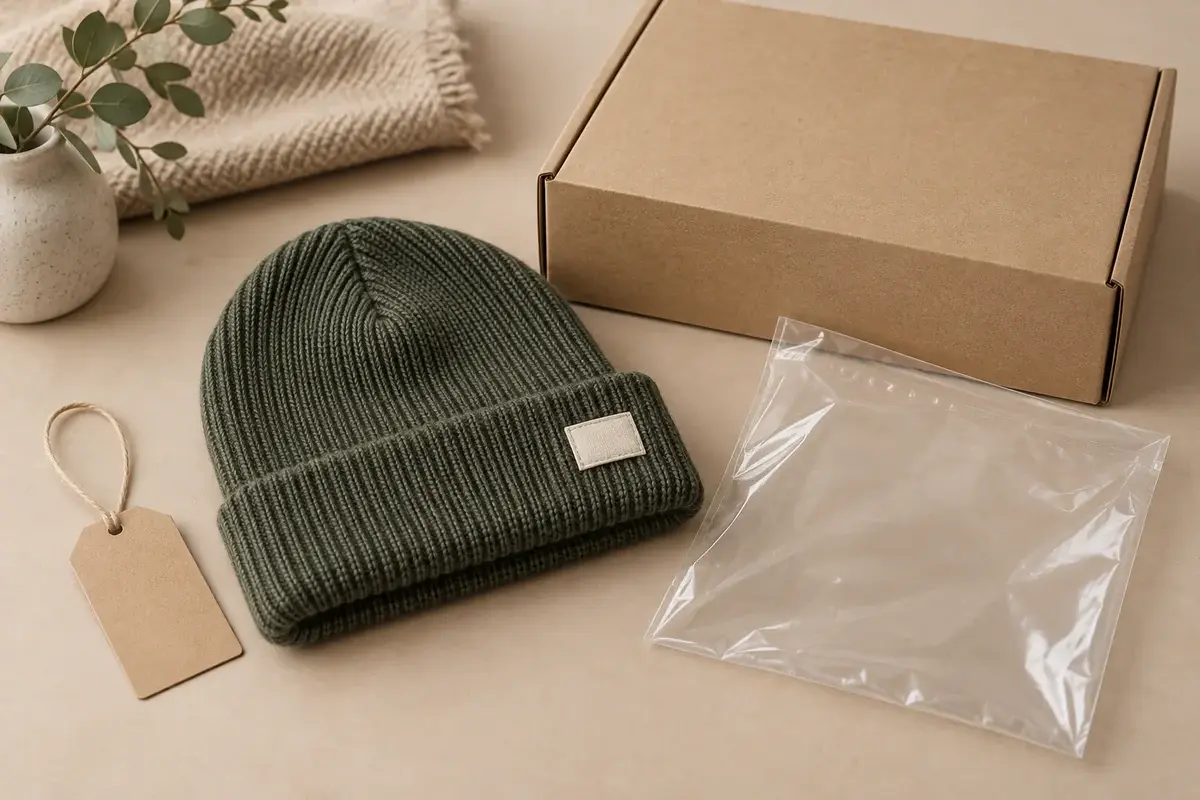 Illustrative folded beanie with blank hangtag, clear bag and kraft retail box