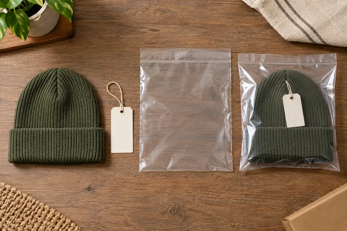 Illustrative beanie, blank hangtag, open bag and finished individual pack