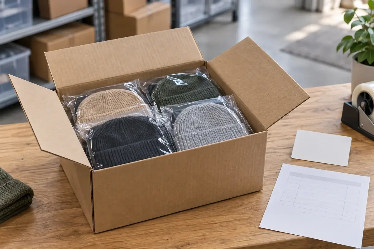 Illustrative carton of individually bagged beanies beside blank packing documents