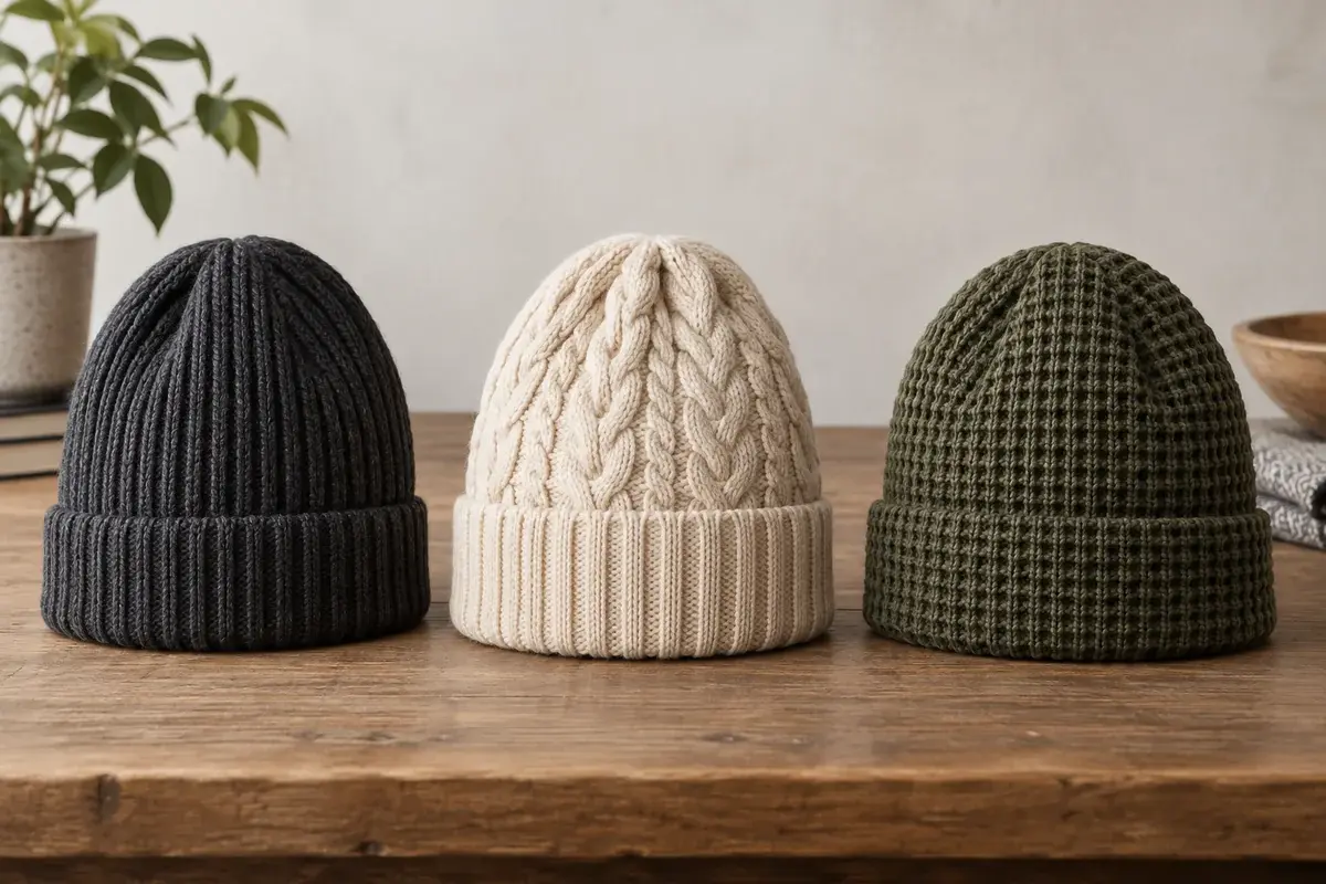 Illustrative rib, cable and waffle knit beanies shown side by side