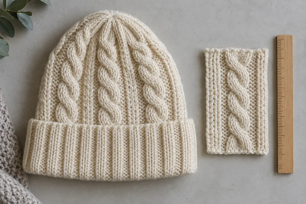 Illustrative cable knit beanie beside a matching swatch and ruler