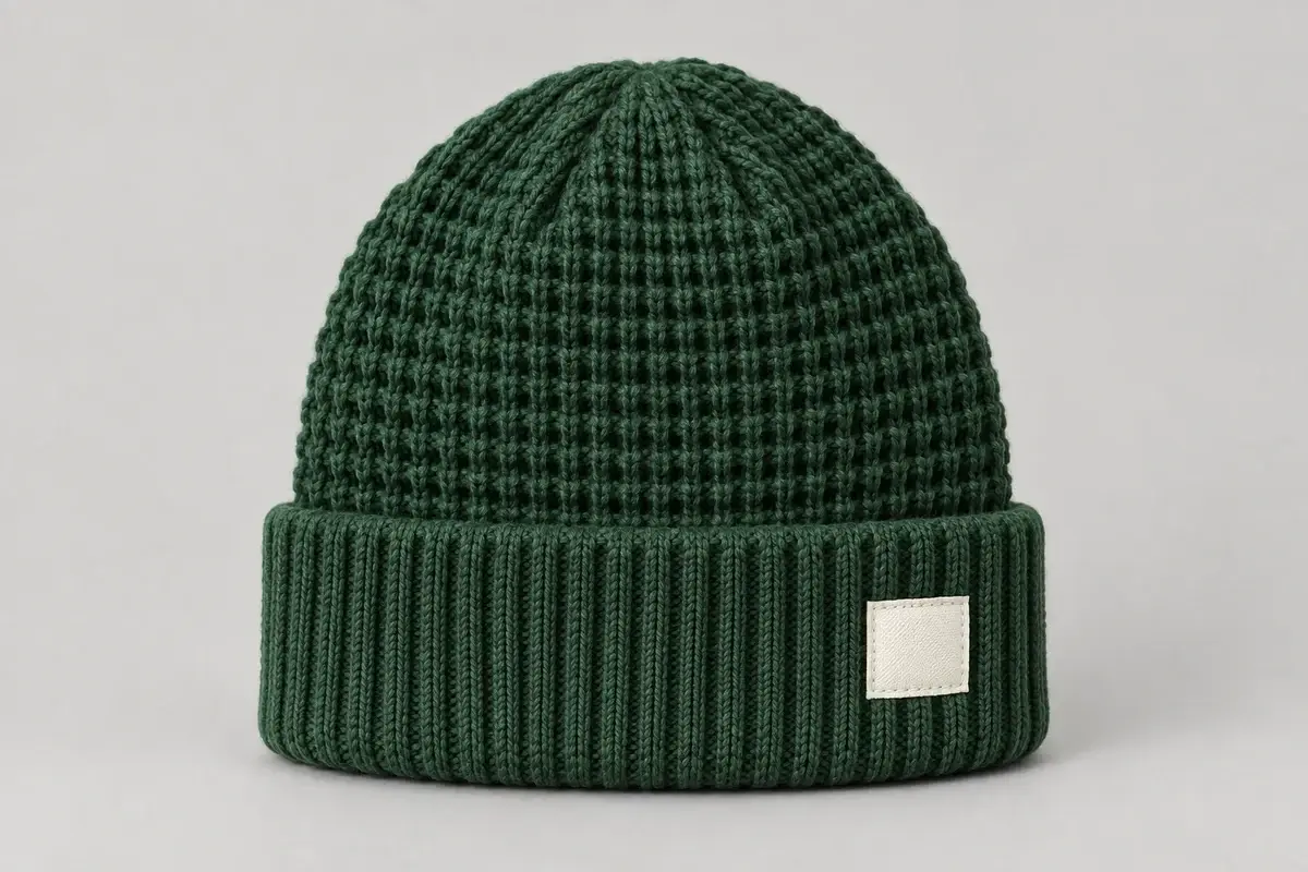 Illustrative textured beanie with ribbed cuff and blank fabric patch