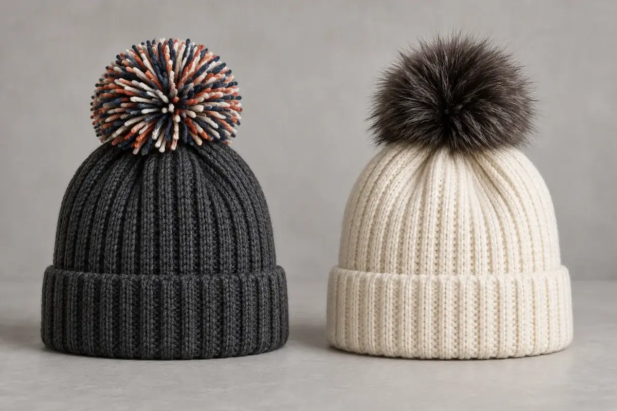 Illustrative beanies with a multicolor yarn pom and a dark faux-fur-look pom