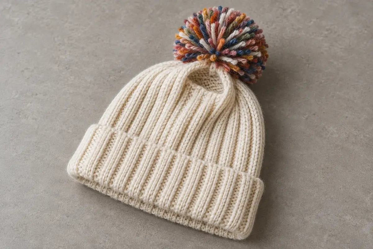 Illustrative knitted beanie showing a multicolor yarn pom at the crown