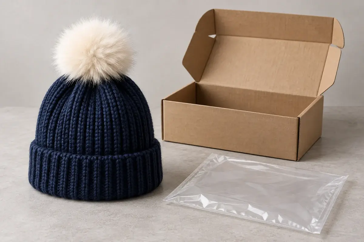 Illustrative navy pom beanie beside an open kraft box and clear bag