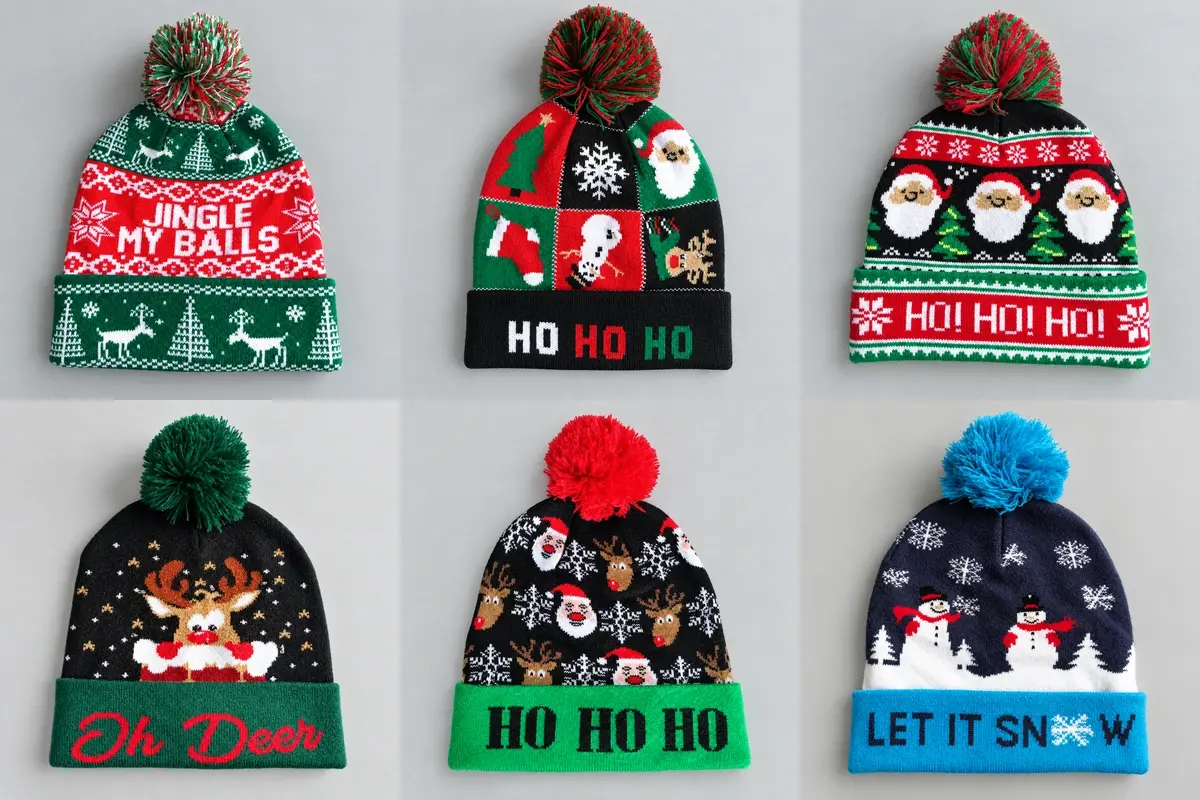 Six Christmas beanies with Santa, reindeer, snowmen and seasonal knit patterns
