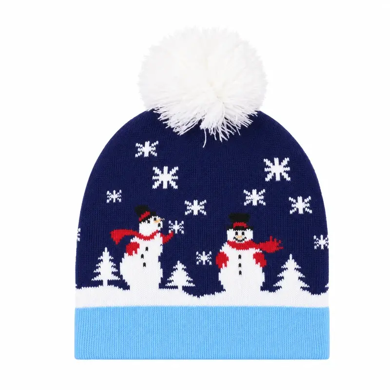 Navy Christmas pom pom beanie with snowmen, trees and snowflakes