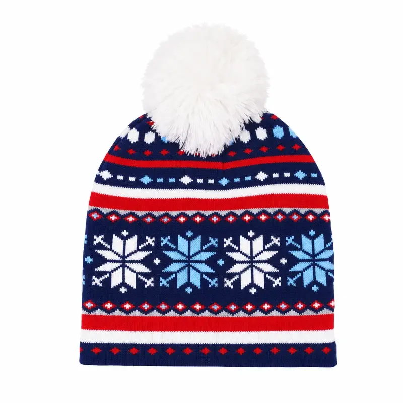 Navy jacquard Christmas beanie with red and white snowflakes and white pom-pom
