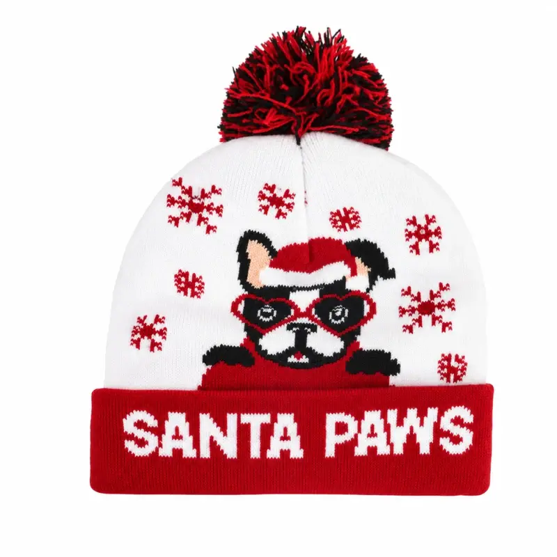 White knit beanie with embroidered Santa, red cuff and red-black pom-pom